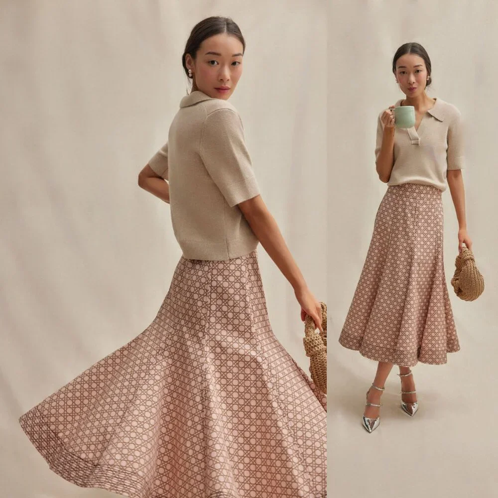 Tuckernuck NEW Petal Cane Brynn Geometric Pink Retro Pleated Midi Skirt Size 6 - Picture 1 of 12